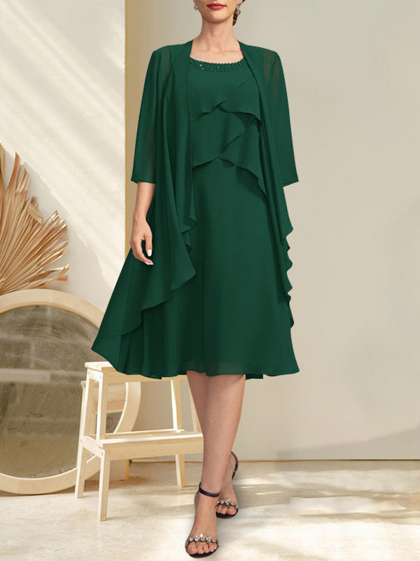 A-line Scoop Knee-Length Chiffon Mother of the Bride Dress With Beading