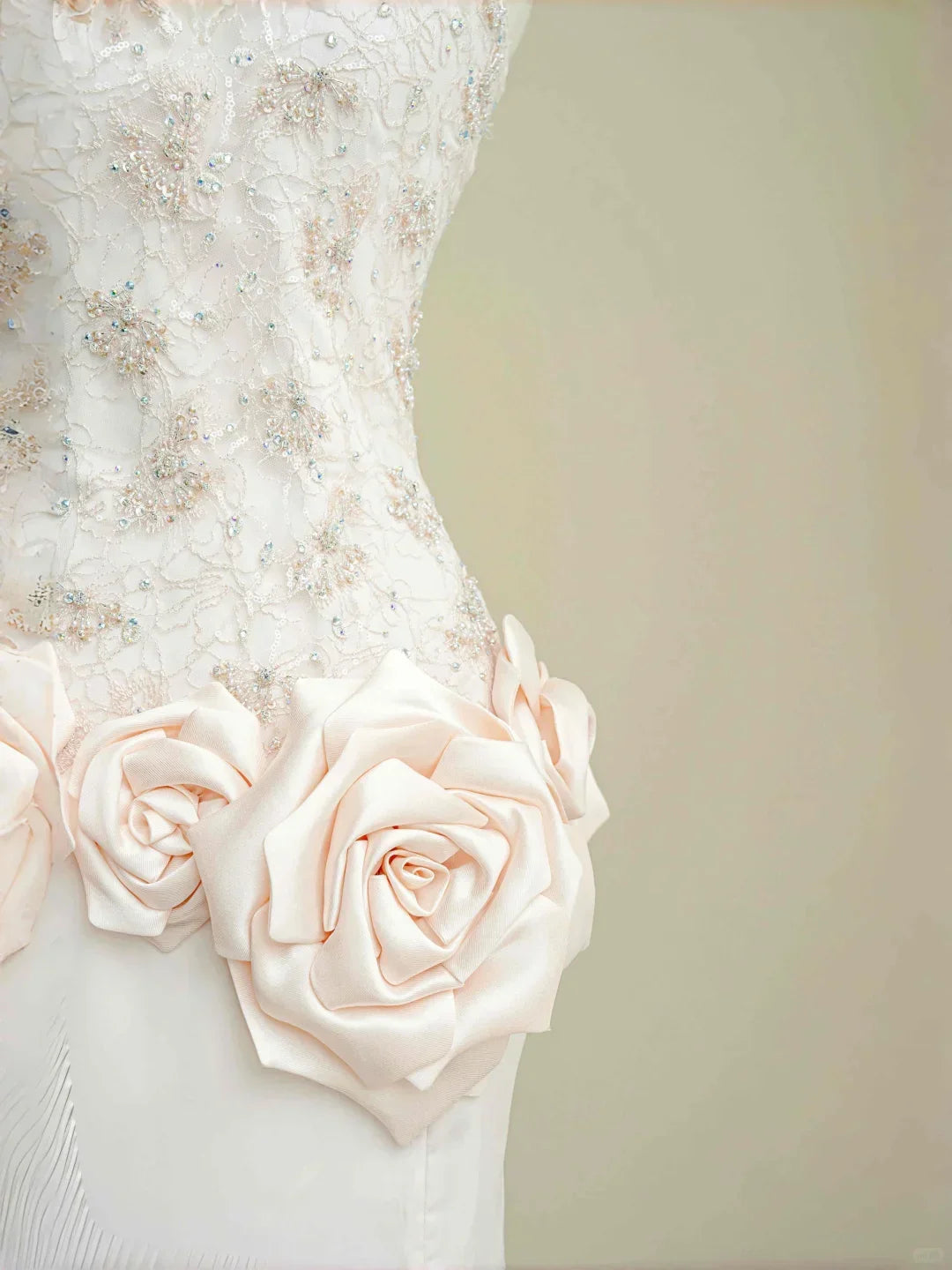 Elegant Light Pink Satin Lace Sequin Beaded Evening Dress Slit Mermaid Prom Dress Y8672