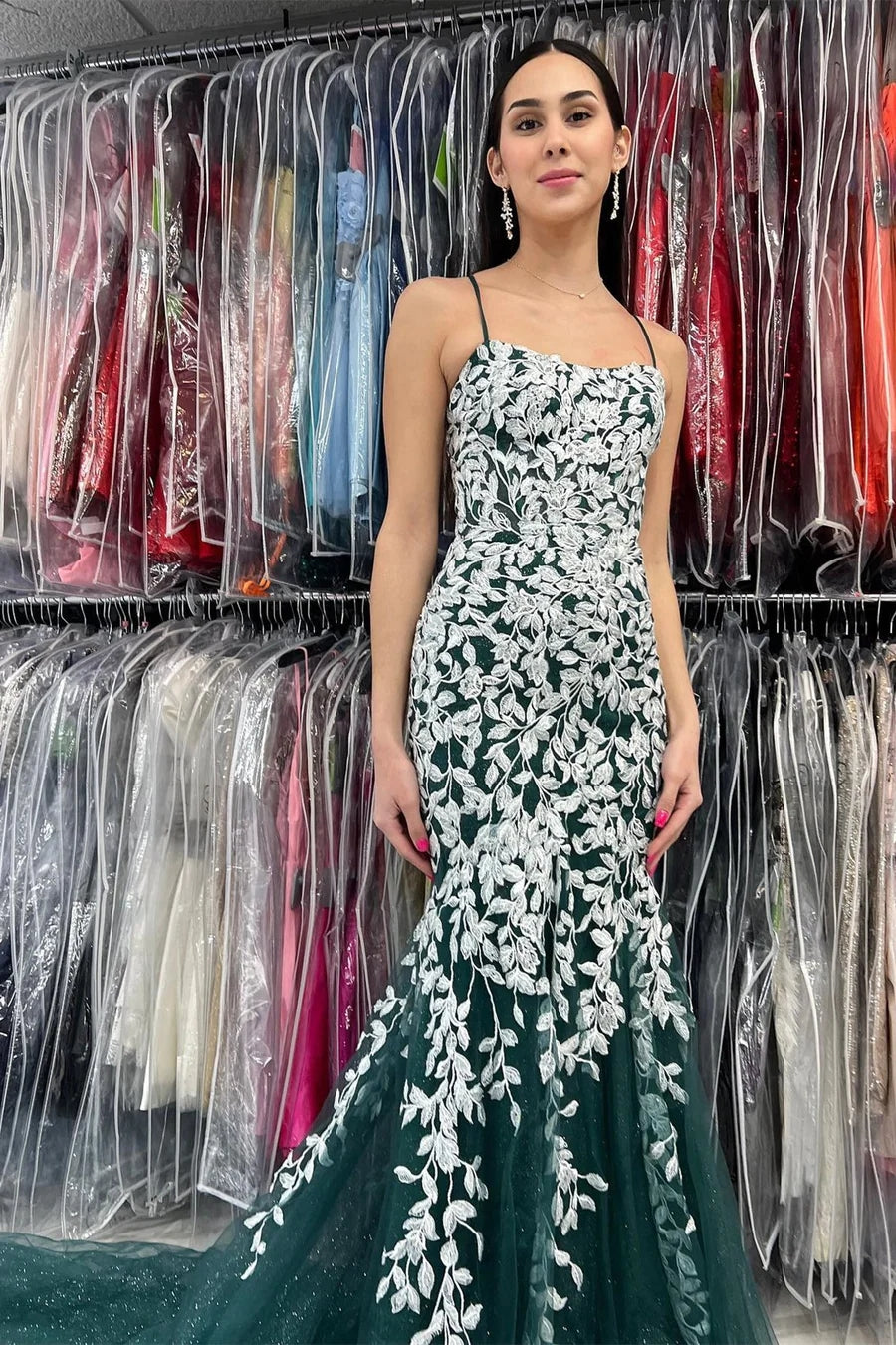 Mermaid Spaghetti Straps Lace Tulle Prom Dress