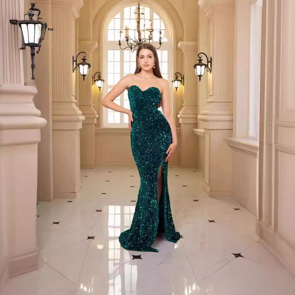 Deep V-Neck Sequin Evening Prom Dress