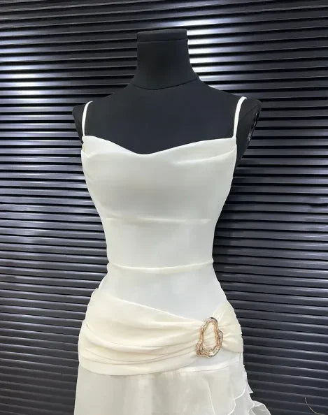 Elegant White Chiffon Mermaid Evening Dress Long Layered Prom Dress Y7716