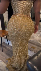 Luxurious Gold Sequins Appliques Evening Dress Mermaid Prom Dress Y7880