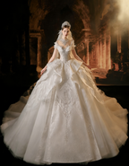 Luxury Feather Accent High Neck Ball Gown Wedding Dress with Beaded Embroidery & Train Bridal Gown