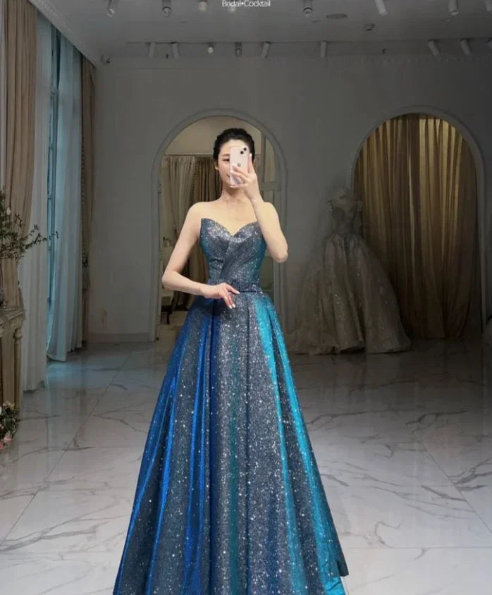 Glitter Blue A-line Evening Dress Blue Princess Dress Y4982