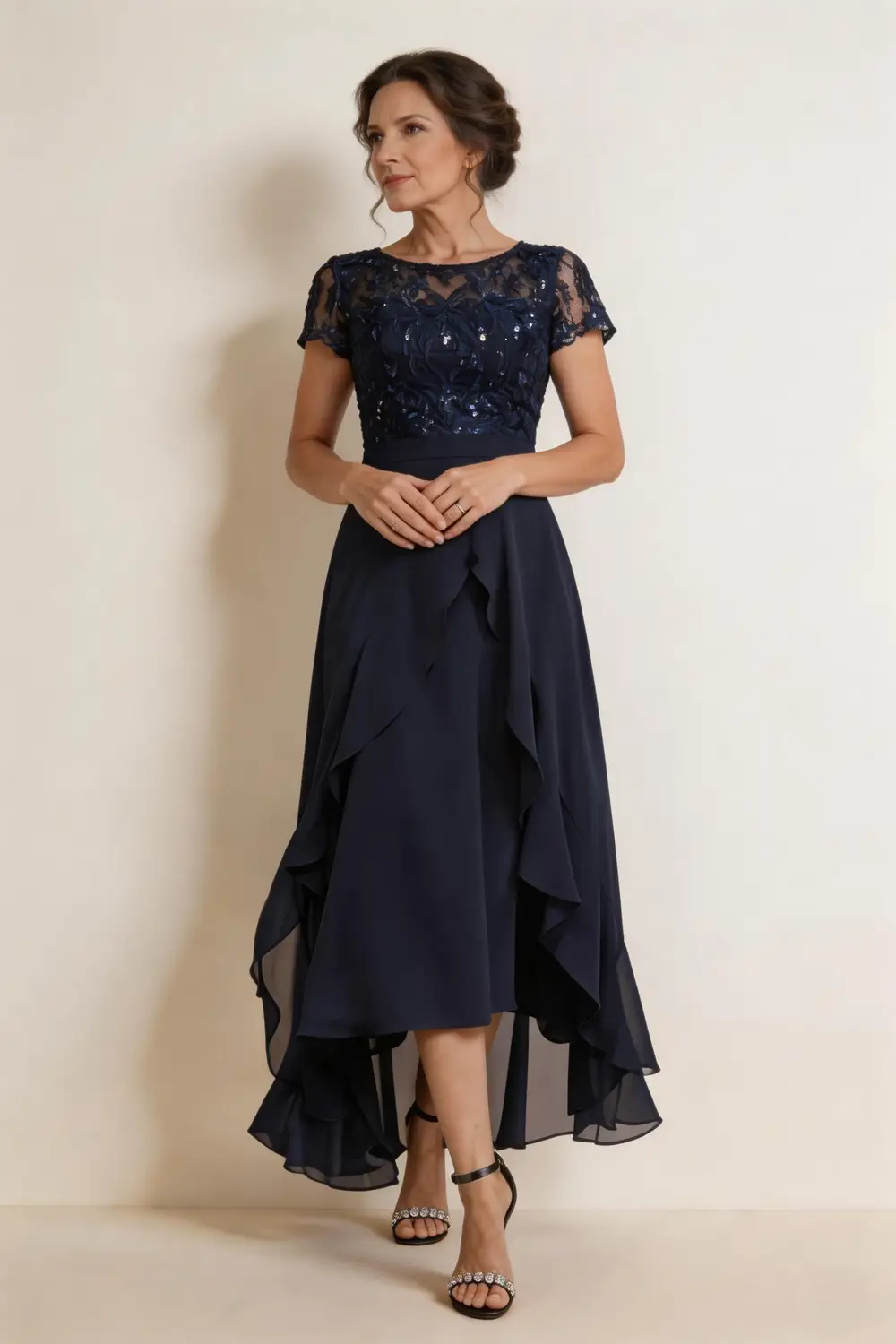 Navy Blue Lace Sequin Chiffon High-Low Mother of the Bride Dress with Ruffle by tangjianjun