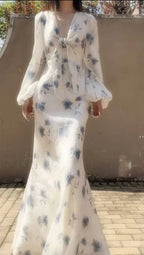 Elegant Ice Blue Rose Chiffon Print Floral Prom Dress Long Mermaid Evening Dress Y8407