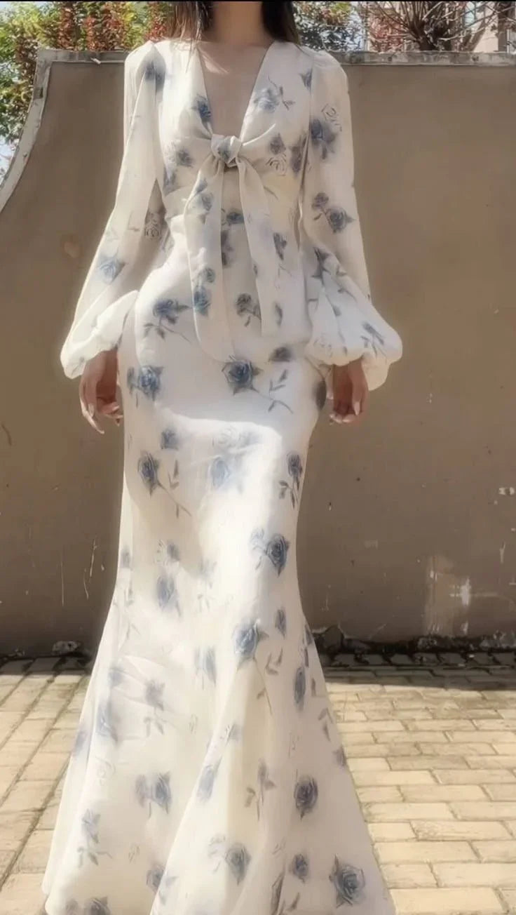 Elegant Ice Blue Rose Chiffon Print Floral Prom Dress Long Mermaid Evening Dress Y8407