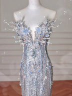 Luxury Silver Sequin 3D Beaded Mermaid Evening Dress Long Prom Dress With Bow Y8640