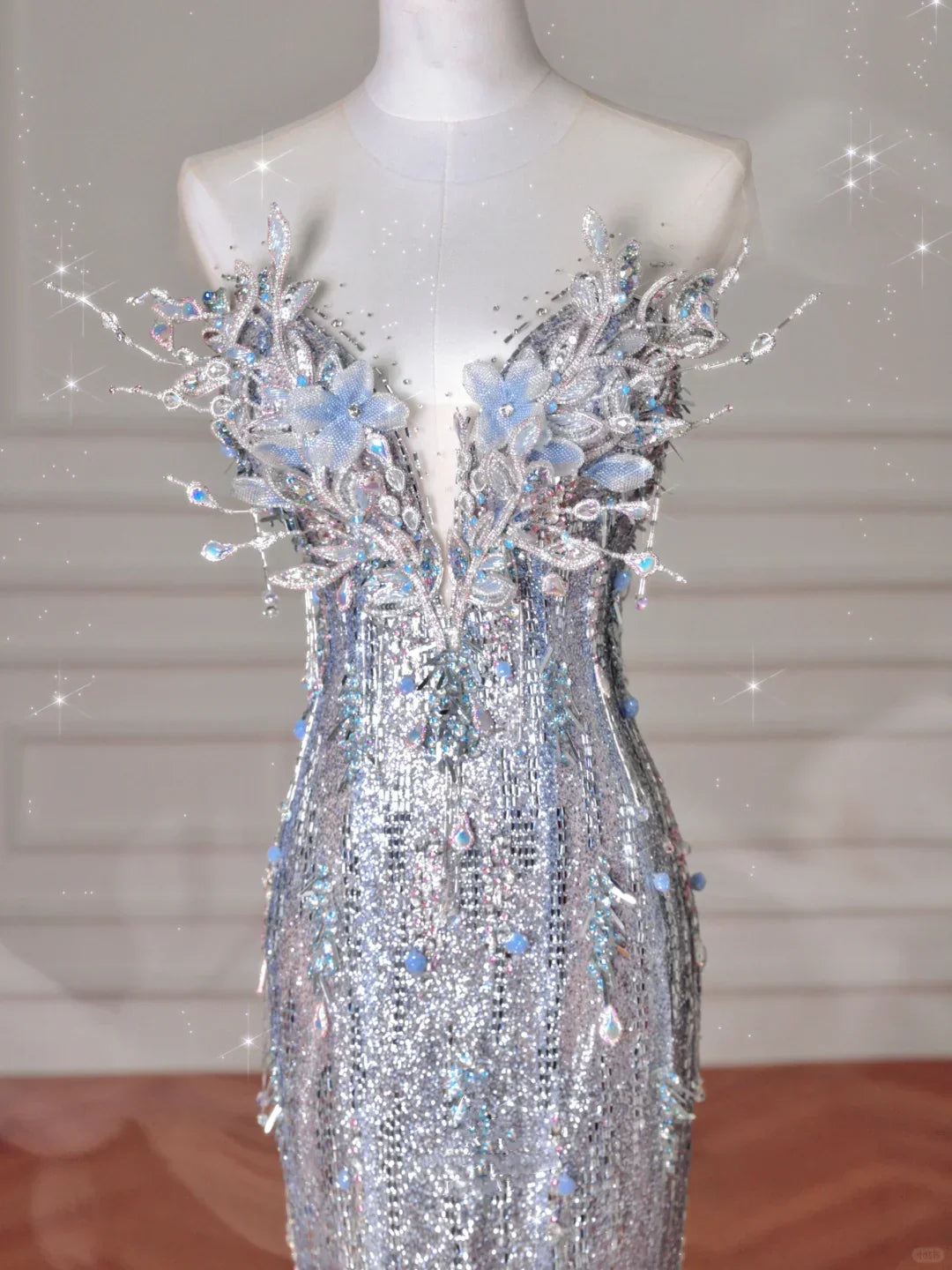 Luxury Silver Sequin 3D Beaded Mermaid Evening Dress Long Prom Dress With Bow Y8640