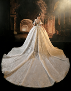 Regal Off-the-Shoulder Ball Gown Wedding Dress with Puff Sleeves & Beaded Embroidery Bridal Gown with Overskirt Train