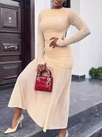 Long Sleeves Skinny Pleated See-Through Solid Color Split-Joint Round-Neck Evening Dresses Maxi Dresses