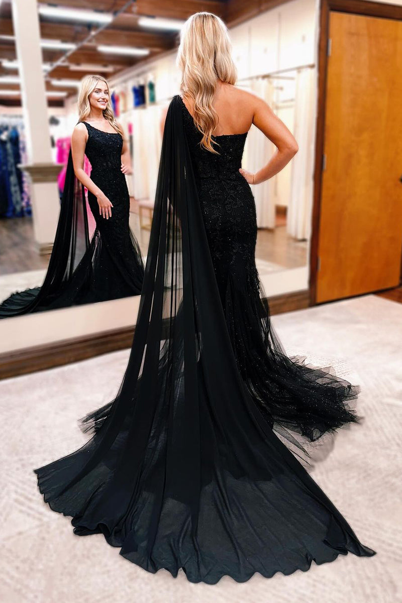 One Shoulder Appliques Mermaid Long Prom Dresses