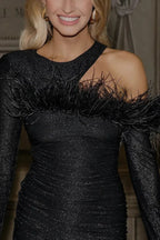 Cold Shoulder Feather Trim Shimmery Asymmetric Mini Dresses-Black Pre Order