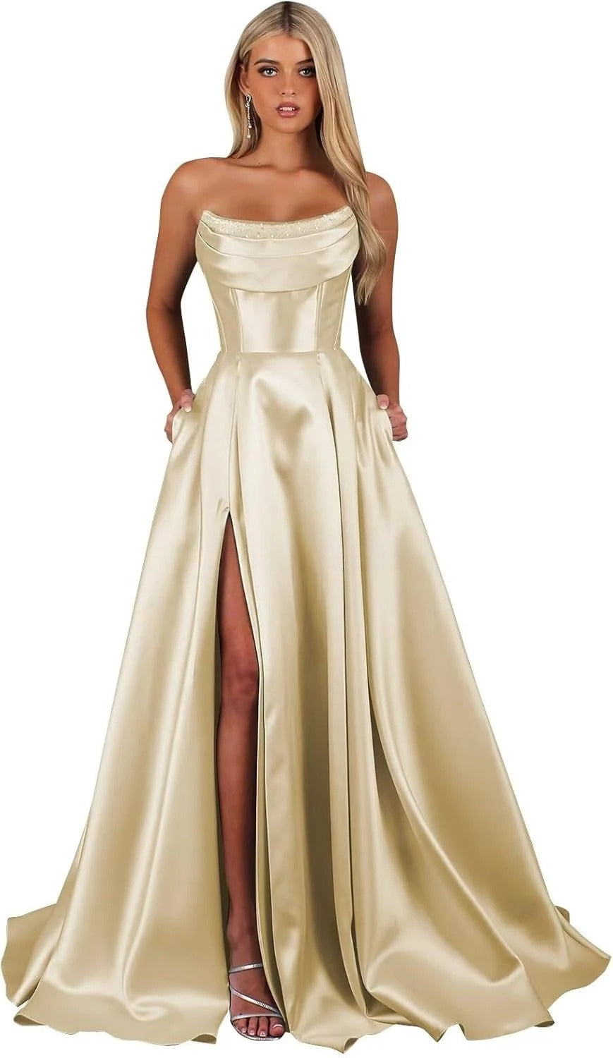 Strapless Corset Prom Dresses for Women with Slit Long Satin Formal Evening Gowns with Pockets Elegant Sleeveless Party Dress