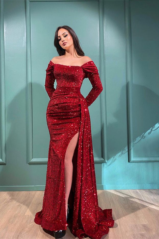 Long Mermaid Off the Shoulder Sequined Evening Prom Dresses with Slit