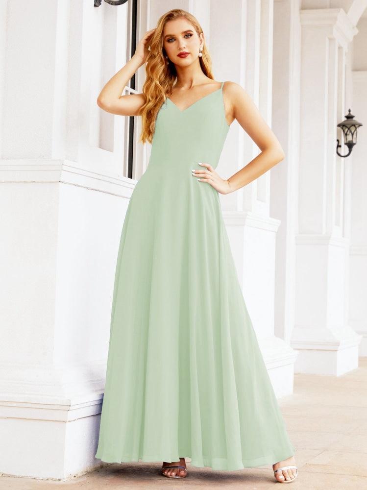 Spaghetti Strap Bridesmaid Dresses V Neck Butterfly Back Fromal Evening Party Prom Gown 28036