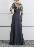 Dusty Blue Lace & Chiffon Illusion Neck Maxi Dress with 3/4 Sleeves & Ruffled Skirt