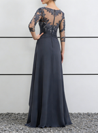 Dusty Blue Lace & Chiffon Illusion Neck Maxi Dress with 3/4 Sleeves & Ruffled Skirt