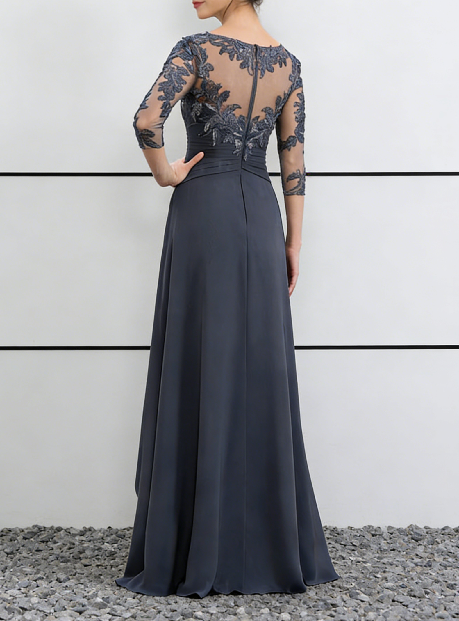Dusty Blue Lace & Chiffon Illusion Neck Maxi Dress with 3/4 Sleeves & Ruffled Skirt