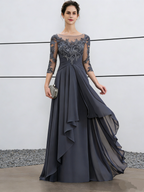 Dusty Blue Lace & Chiffon Illusion Neck Maxi Dress with 3/4 Sleeves & Ruffled Skirt