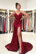 Split Front Spaghetti-Strap V-neck Burgundy Mermaid Prom Dress