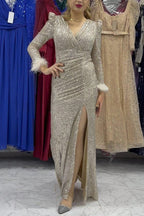 Sparkle World Sequin Feather Trim Sleeves Slit Evening Maxi Dress