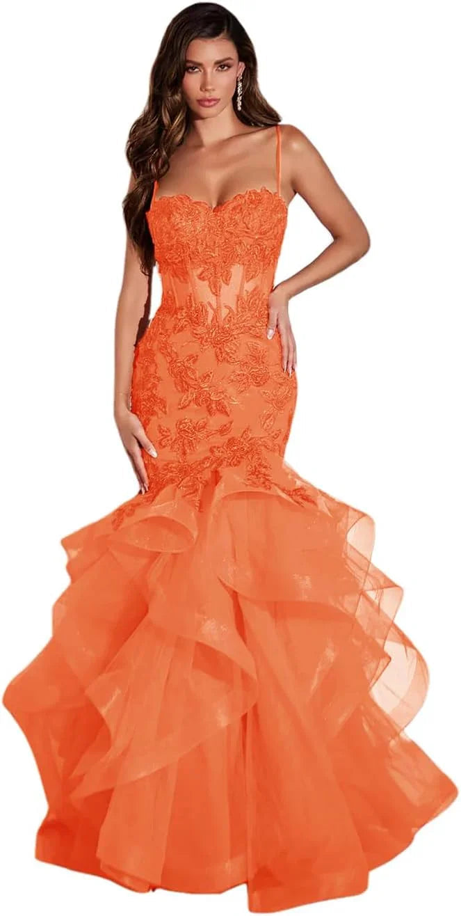 Women's Lace Applique Tulle Prom Dresses Long Mermaid Ruffles Sparkly Formal Evening Party Gown
