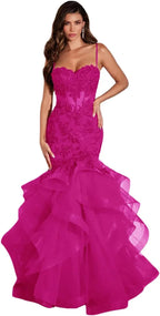 Women's Lace Applique Tulle Prom Dresses Long Mermaid Ruffles Sparkly Formal Evening Party Gown