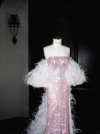 Fairy Pink Strapless Sequins Feathers Mermaid Evening Dress Slit Prom Dress Y8660