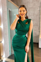 Ruffle-Trimmed Split Satin Long Mermaid Prom Dress in Dark Green