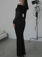 Long Sleeves Skinny Pleated See-Through Solid Color Split-Joint Off-The-Shoulder Evening Dresses Maxi Dresses