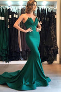 Stunning Dark Green Long Mermaid V-neck Satin Prom Dresses