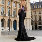 Black Sequin Mermaid Evening Dress with Purple Floral Applique | Spaghetti Strap Prom Gown