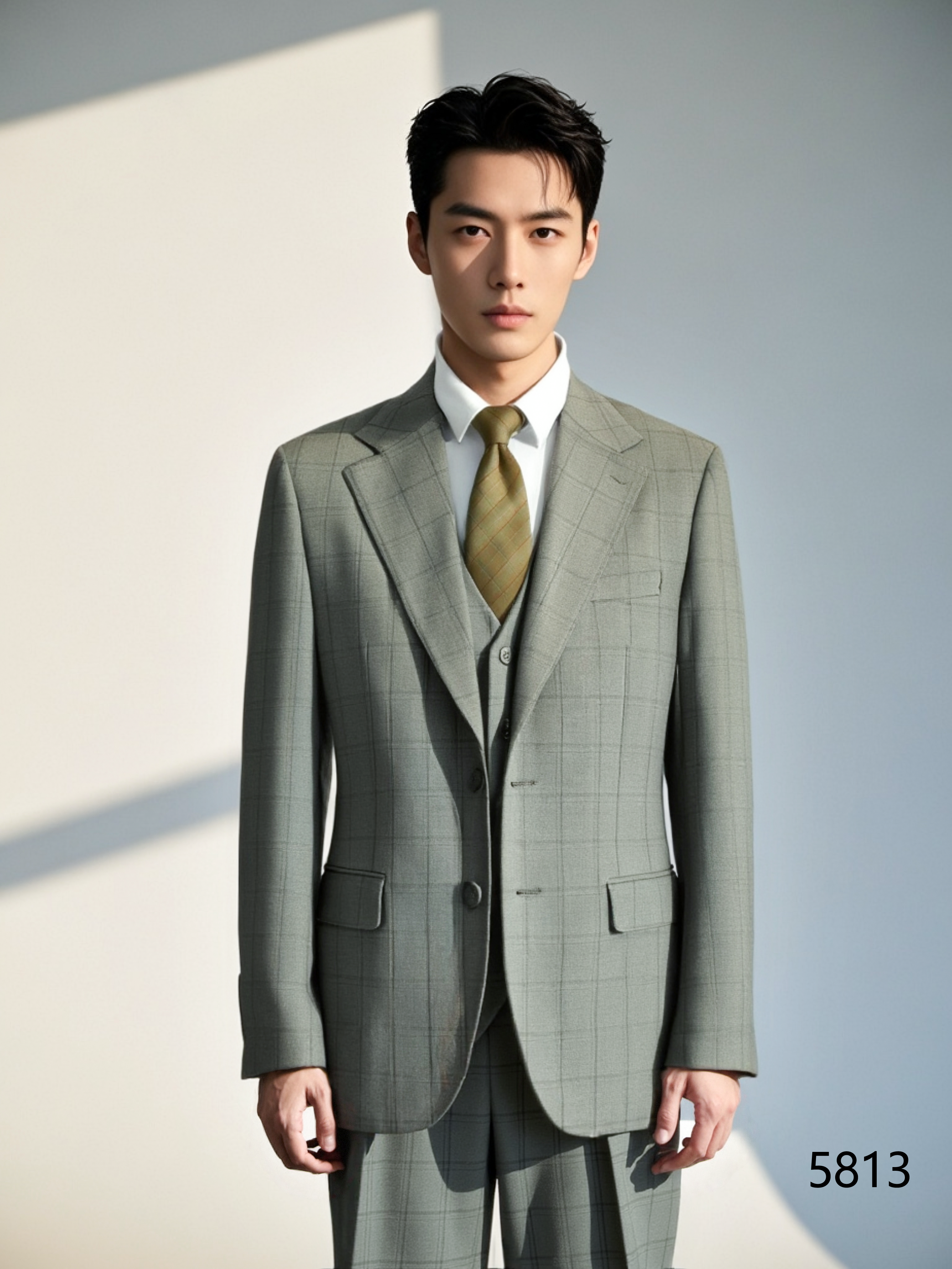 Light Grey Windowpane Check 3 Piece Wedding Suit For Groom And Groomsmen