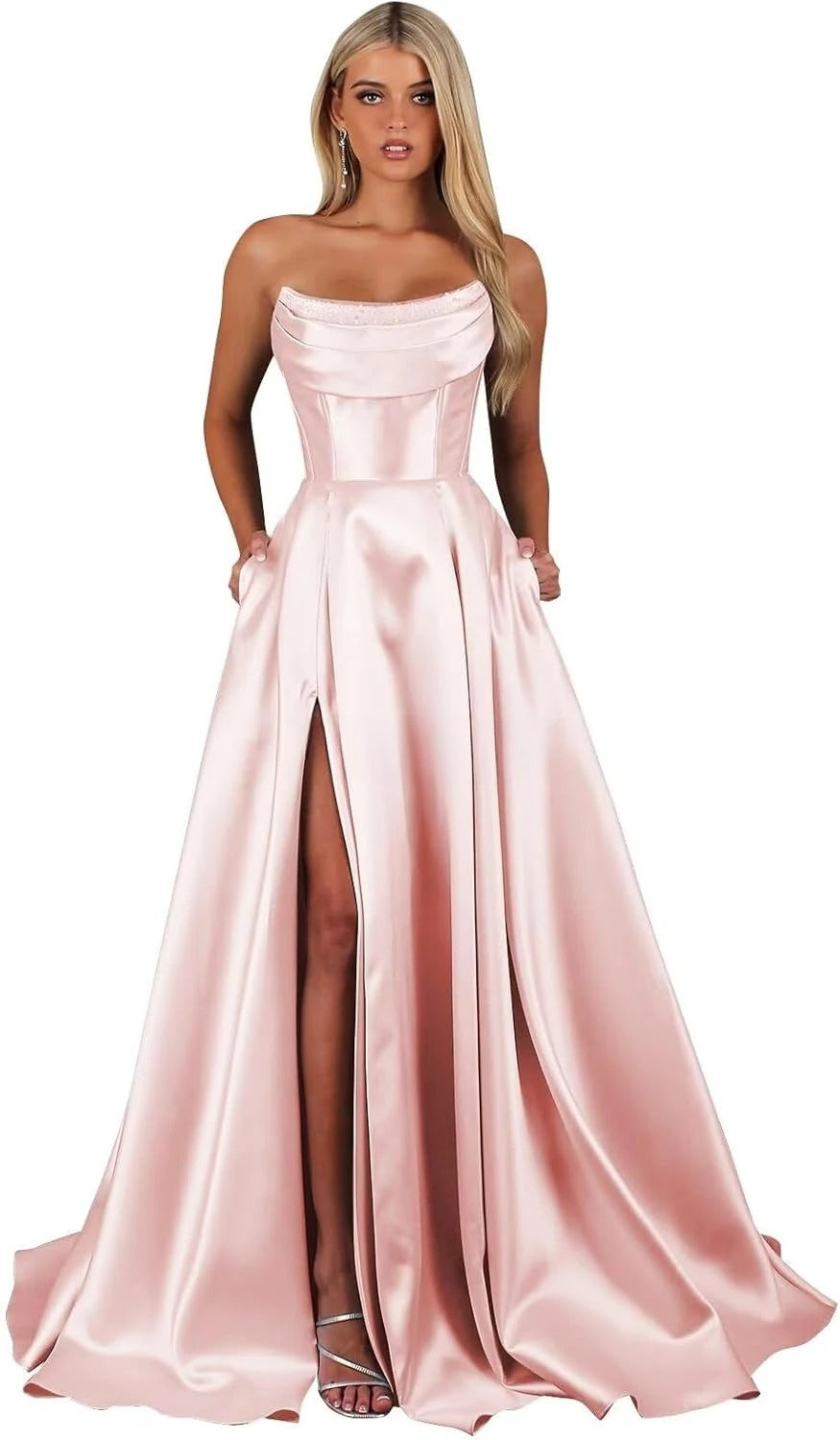 Strapless Corset Prom Dresses for Women with Slit Long Satin Formal Evening Gowns with Pockets Elegant Sleeveless Party Dress