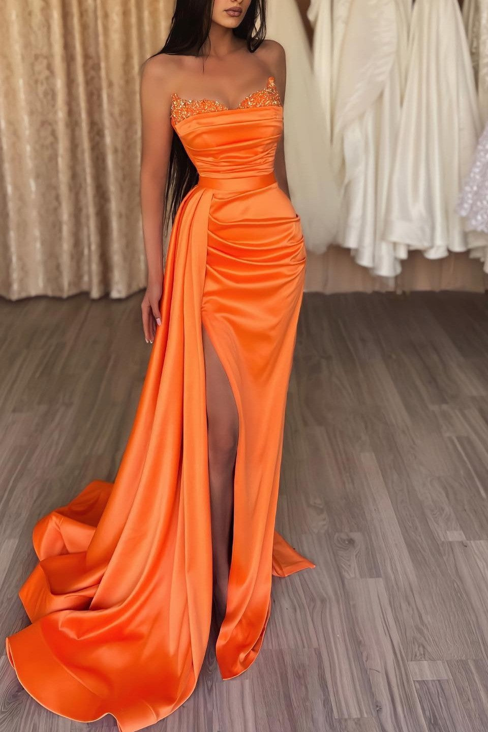 Orange Long Mermaid Strapless Ruffles Prom Dress with Split