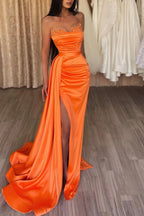 Orange Long Mermaid Strapless Ruffles Prom Dress with Split