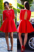 Red Half Sleeves A-line Homecoming Dress Backless Lace Short Prom Dresses