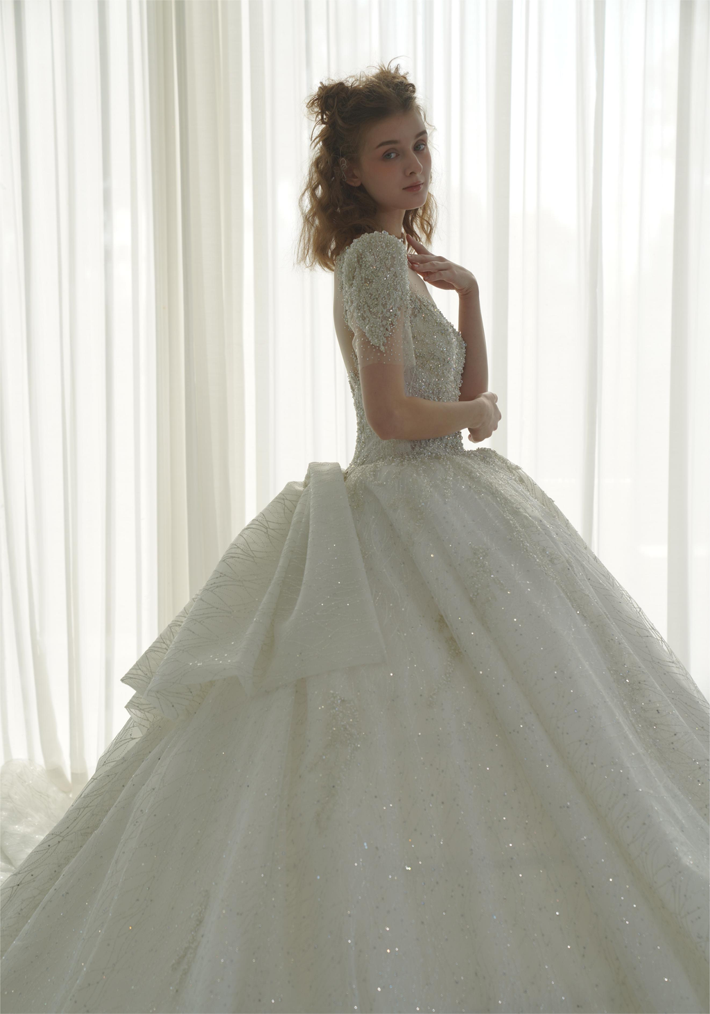 Sparkling Crystal Ball Gown Wedding Dress with Oversized Back Bow & Cathedral Train