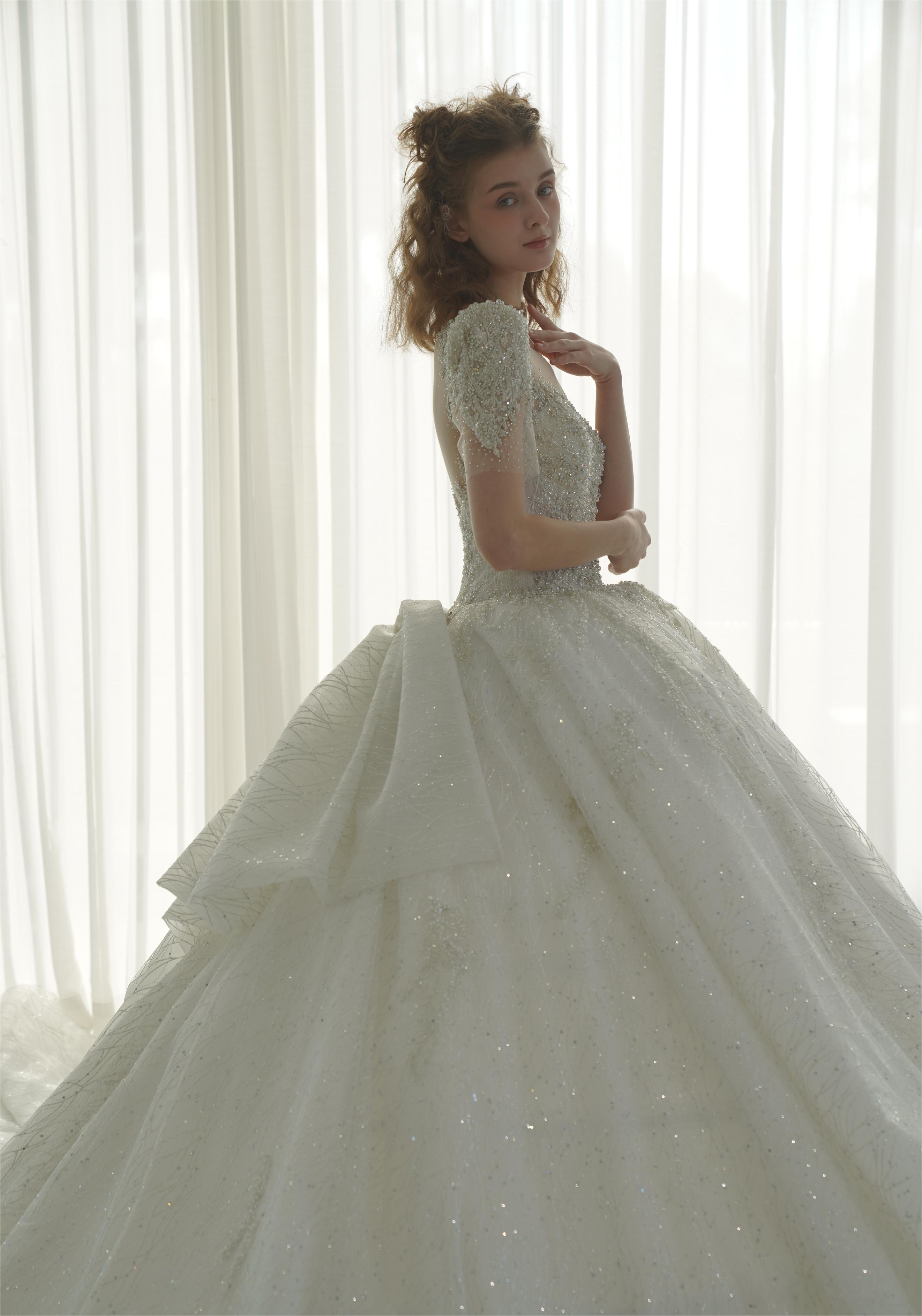 Sparkling Crystal Ball Gown Wedding Dress with Oversized Back Bow & Cathedral Train