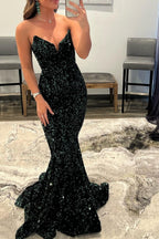 Sequined Open Back V-Neck Mermaid Long Prom Gown