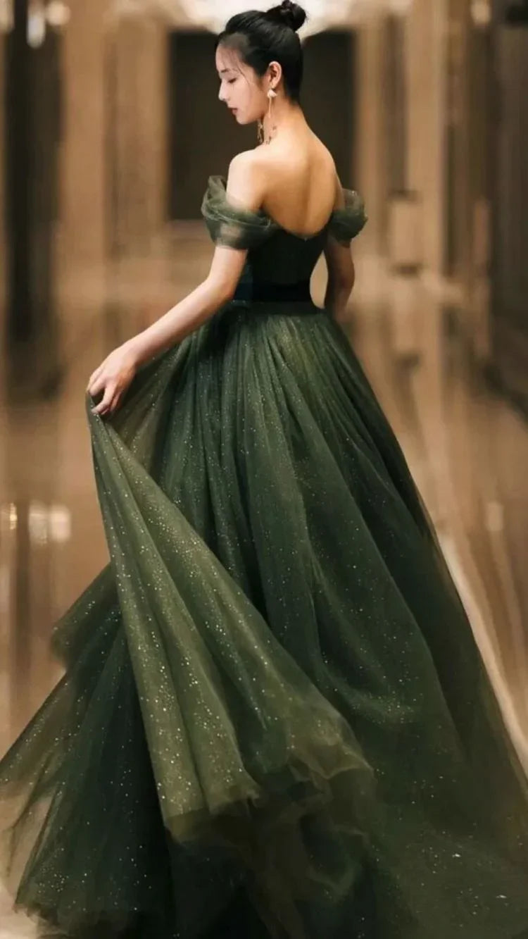 Simple green tulle long prom dress, green tulle evening dress Y1554