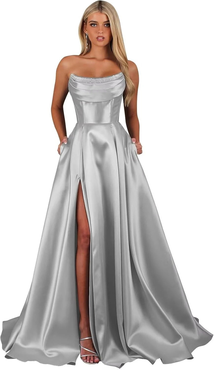Strapless Corset Prom Dresses for Women with Slit Long Satin Formal Evening Gowns with Pockets Elegant Sleeveless Party Dress