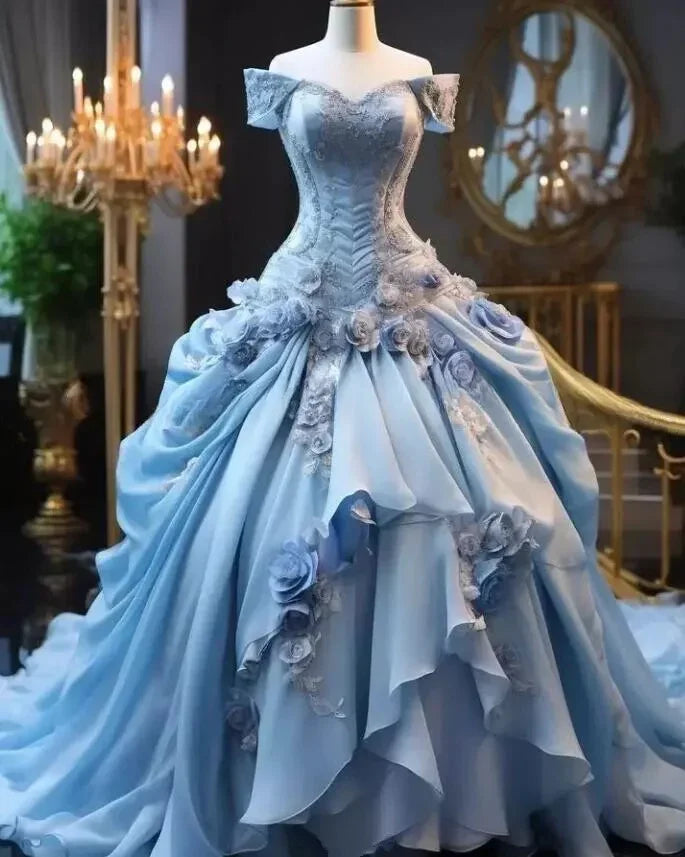 Blue Fairy 3D Floral Prom Dress Bustle Ruched Sweet 16 Ball Gown Quinceanera Dress Y7607