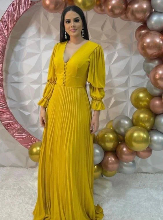 Womens A-line Pleated Prom Dress Yellow Evening Dress Y6305