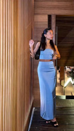 Sexy Blue Two Piece Evening Dress Blue Party Gown Y5164