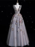 Charming V Neckline Gray Tulle Floral Ball Gown Long Evening Gown Prom Dress Y7953