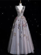 Charming V Neckline Gray Tulle Floral Ball Gown Long Evening Gown Prom Dress Y7953