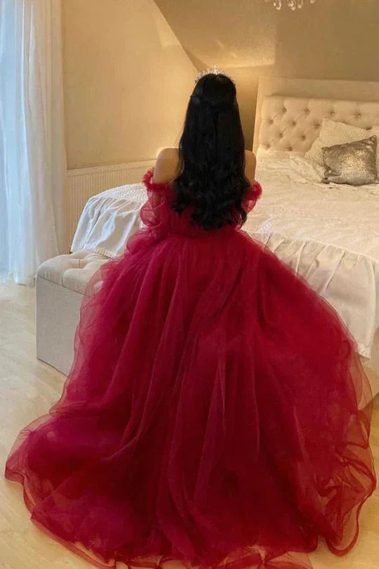 Burgundy Tulle Evening Dress With Long Sleeves Y503