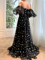 A-Line Tulle Black Long Prom Dress, Black Tulle Formal Evening Dress Y248